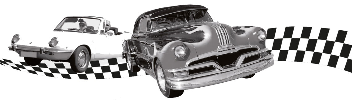 Grafik von zwei Oldtimern in schwarzweiß